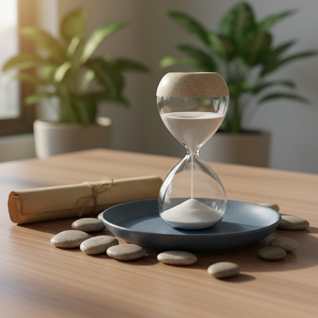A classic hourglass and flat stones on a wooden table, with plants in the background and sunshine on a window, where an en...