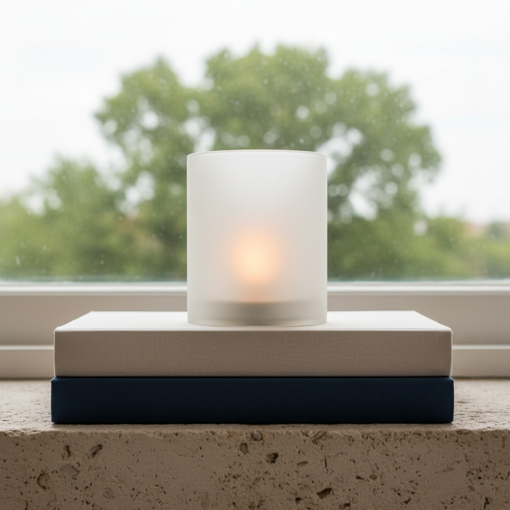 Image Description: A white cylindrical candle, slightly larger at the bottom than the top, sits on a stack of two books by...