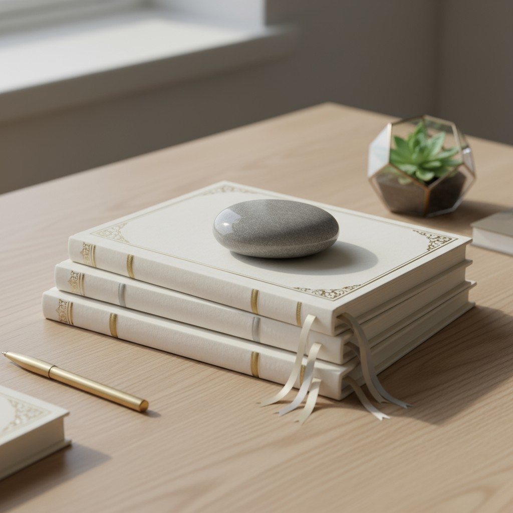 A stack of books, a pen, a succulent plant in a glass container, and a gray stone on a light-colored wooden table in front...