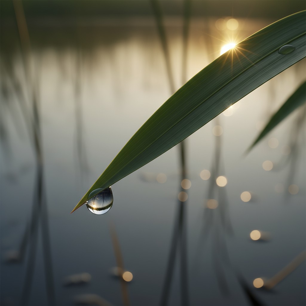 A large water drop on a long green leaf hanging over a body of dark water, backlit by the sun the surface of which is refl...
